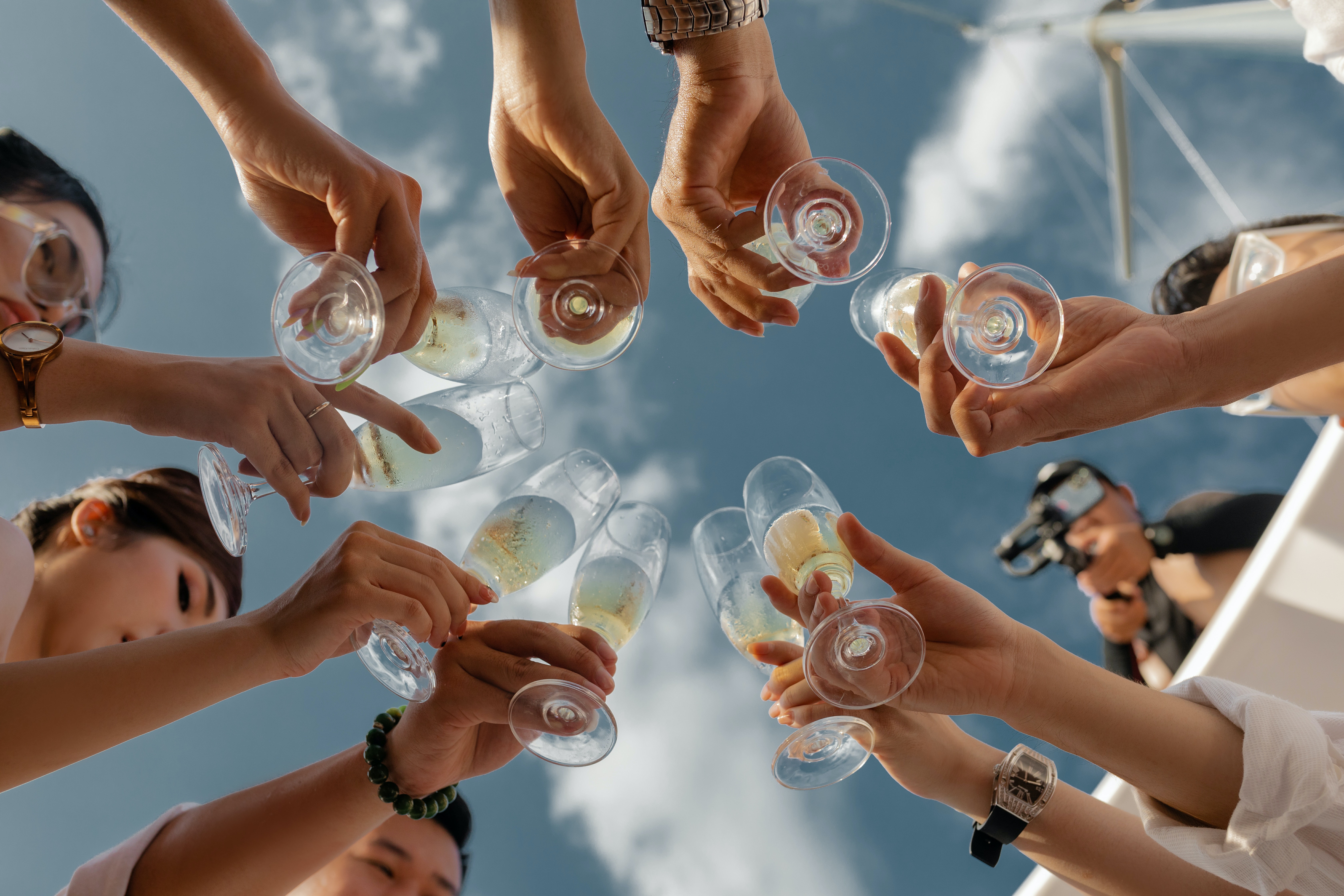 nashville bachelorette party, cheers from above between bridesmaids and bride